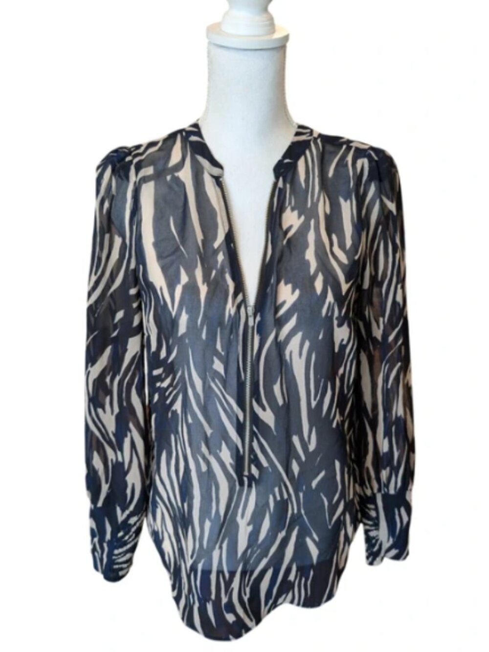 Mint Velvet Blouse Zebra Print Half Zip Navy Beige Sheer Smocked Cuff Top Size 8